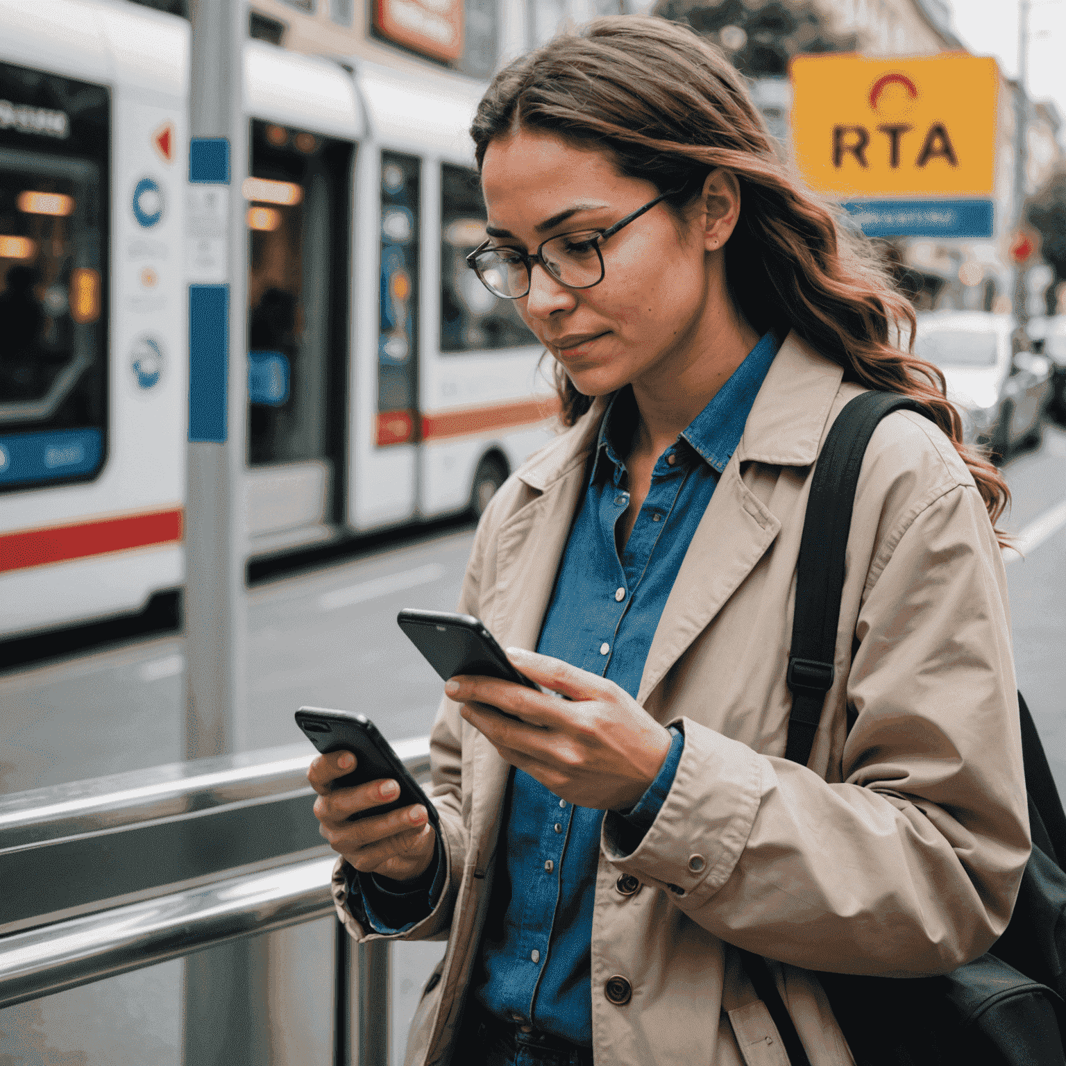 Illustration of a person using a smartphone to recharge their RTA transport card online