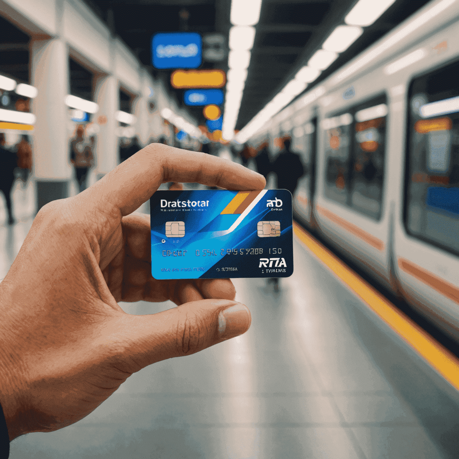 Close up photo of a person's hand holding an RTA transport card while using a smartphone, with a blurred background of a metro station in Dubai