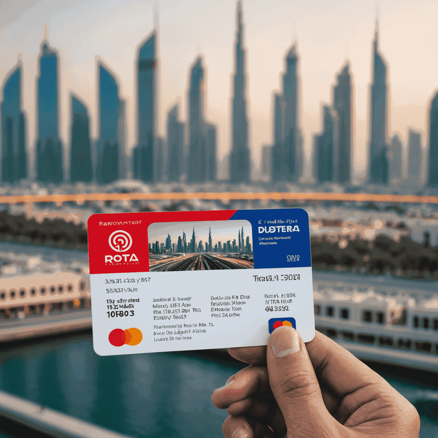 A close-up photo of an RTA transport card being held in front of a blurred background of Dubai's modern skyline