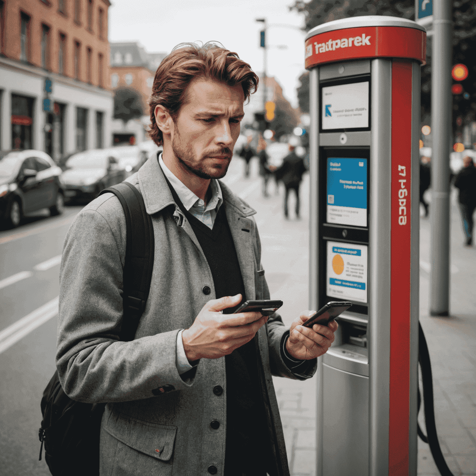 Frustrated commuter trying to recharge RTA transport card at payment kiosk