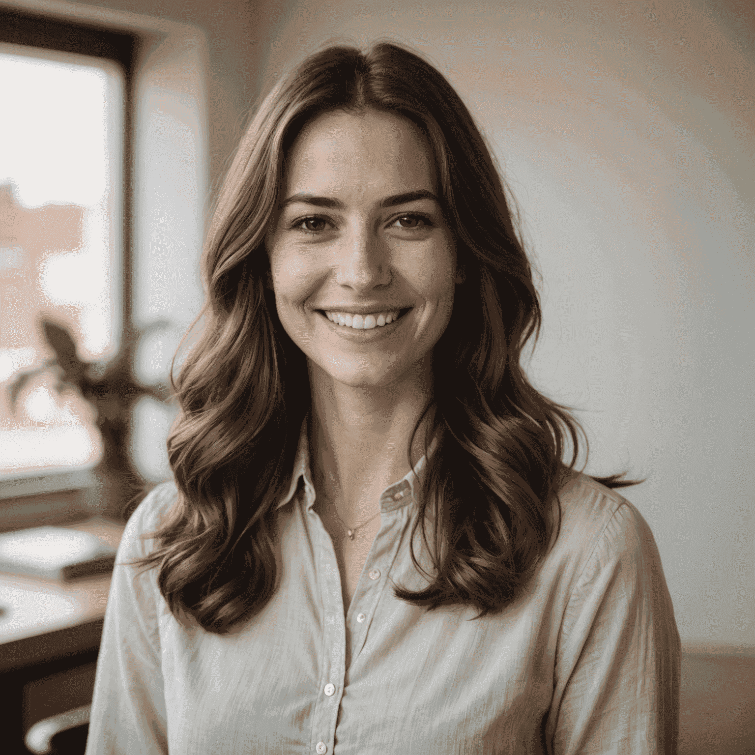 Portrait of the second author, a friendly-looking woman in her late 20s with long brown hair, wearing a blouse and smiling warmly at the camera