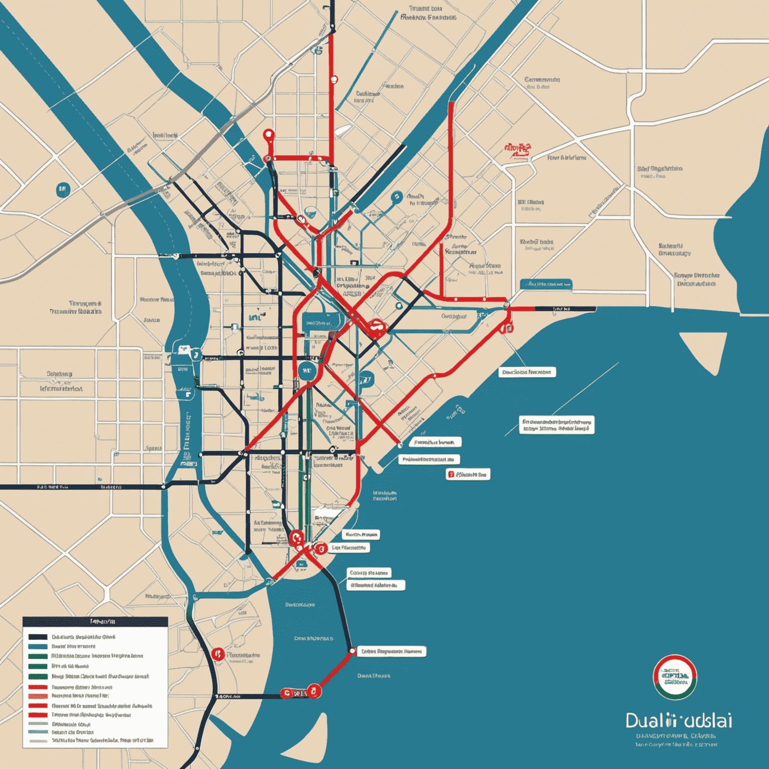 Map of Dubai highlighting various RTA transport card recharge locations, including metro stations, bus stations, and authorized retailers