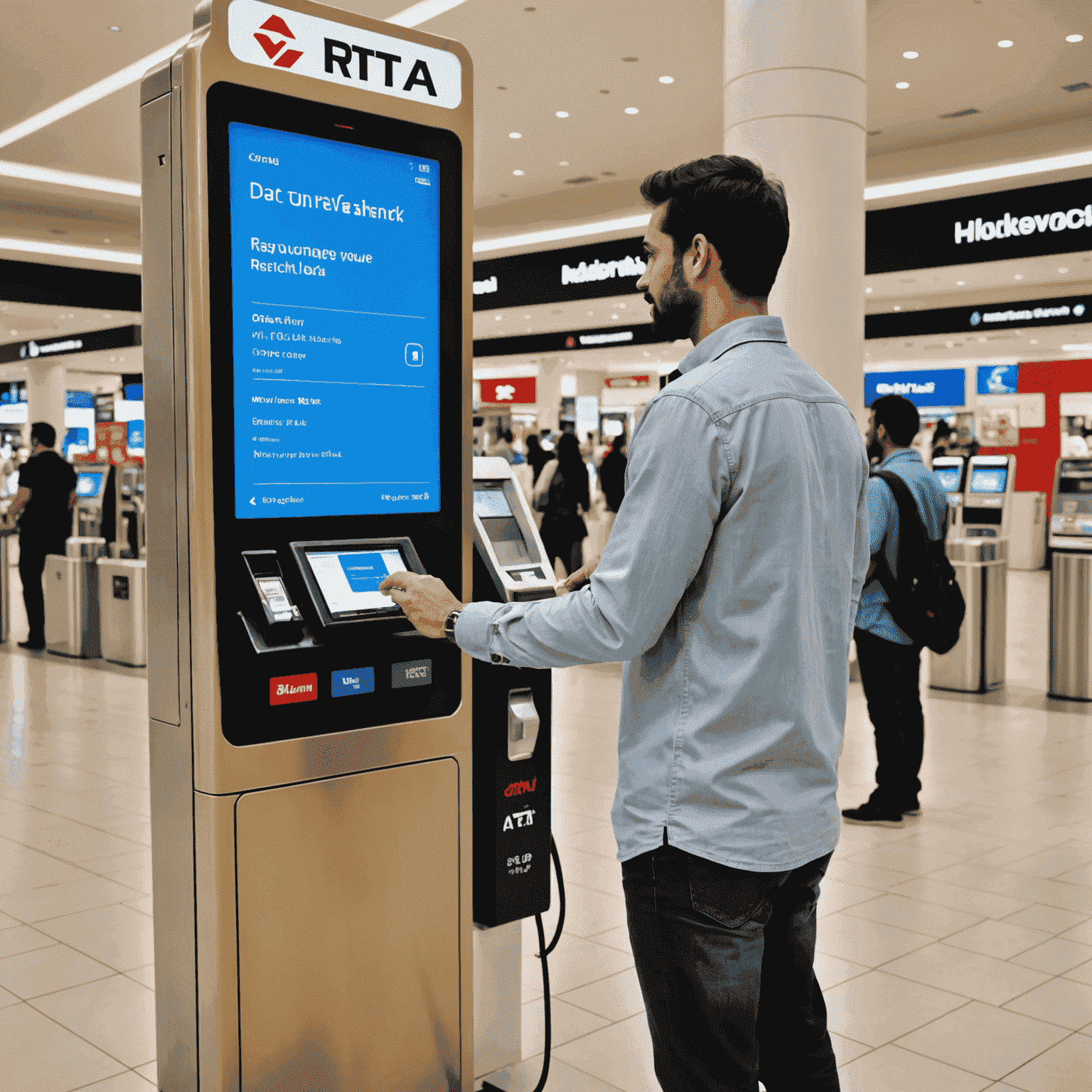 A tourist using an RTA card recharge kiosk at a mall in Dubai, with the kiosk screen displaying top-up options