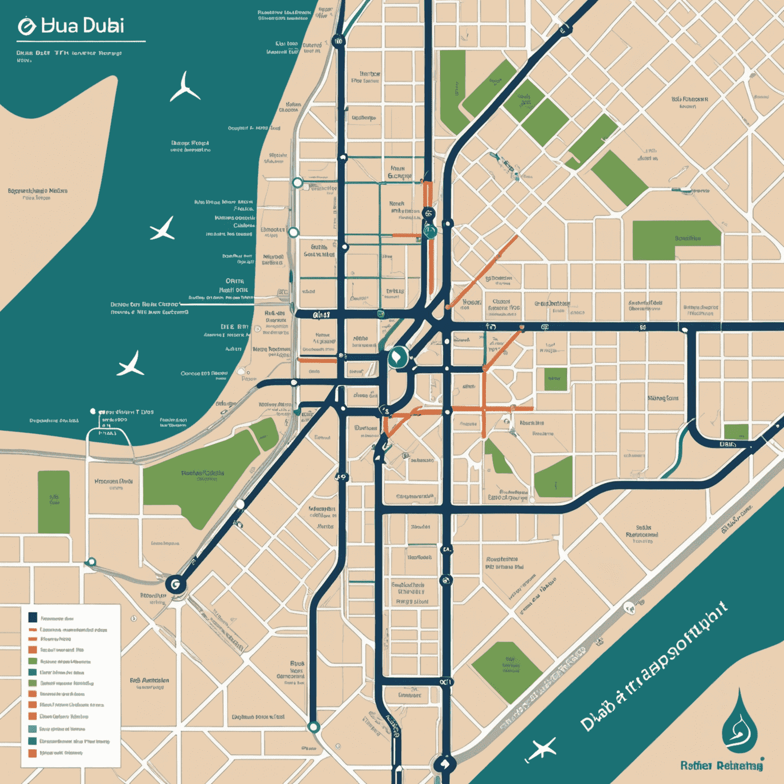 Map of Dubai highlighting various RTA transport card recharge locations, including metro stations, bus stations, and authorized retailers