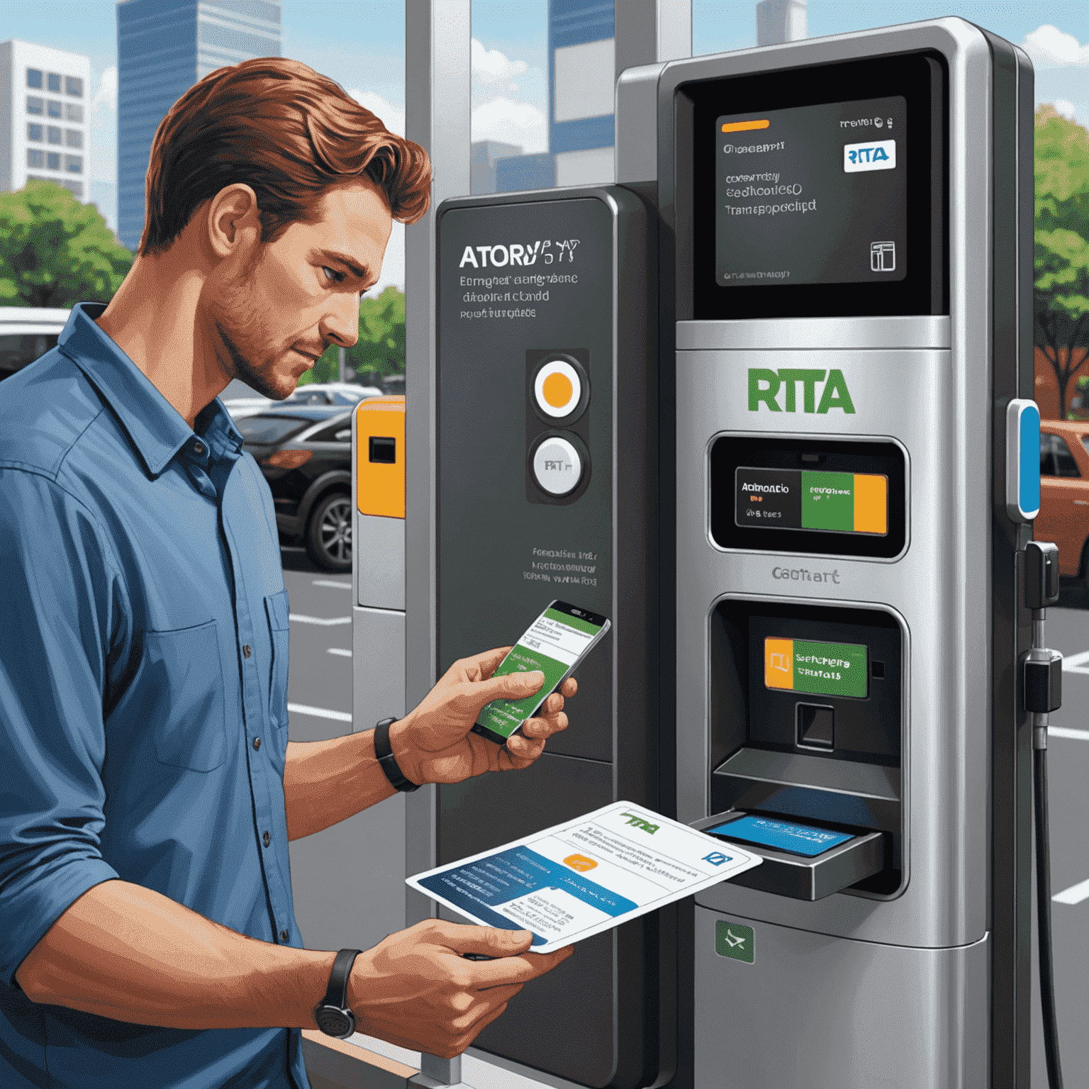 Illustration showing the process of setting up automatic recharge for an RTA transport card