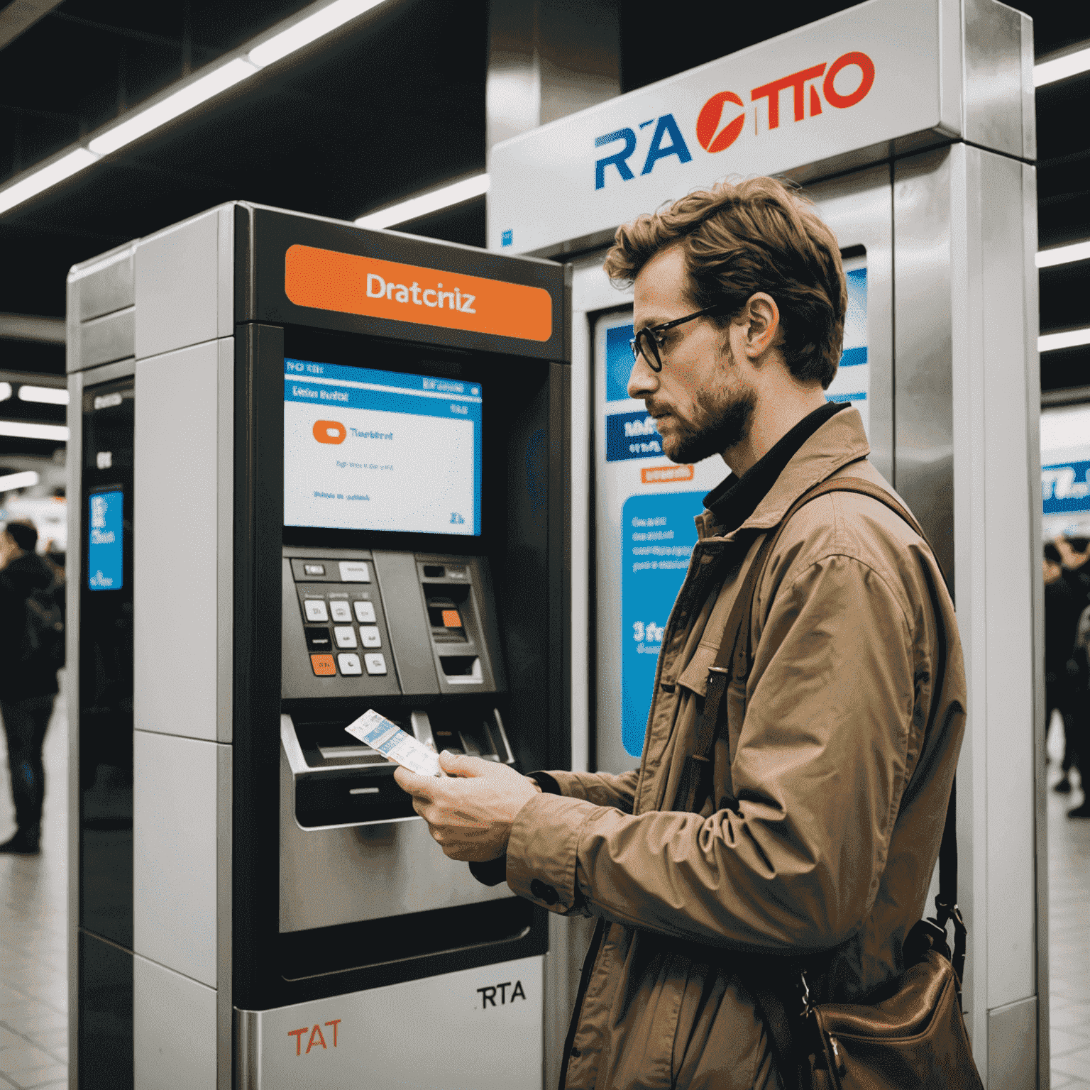 Image of a tourist using an RTA transport card at a ticket vending machine in a metro station